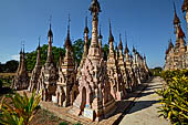 Rows of stupas in the Kakku (Kekku) Pagoda complex. The complex was kept hidden from the rest of the world until 2002 when it was opened to foreigners. Shan State, Burma (Myanmar). 